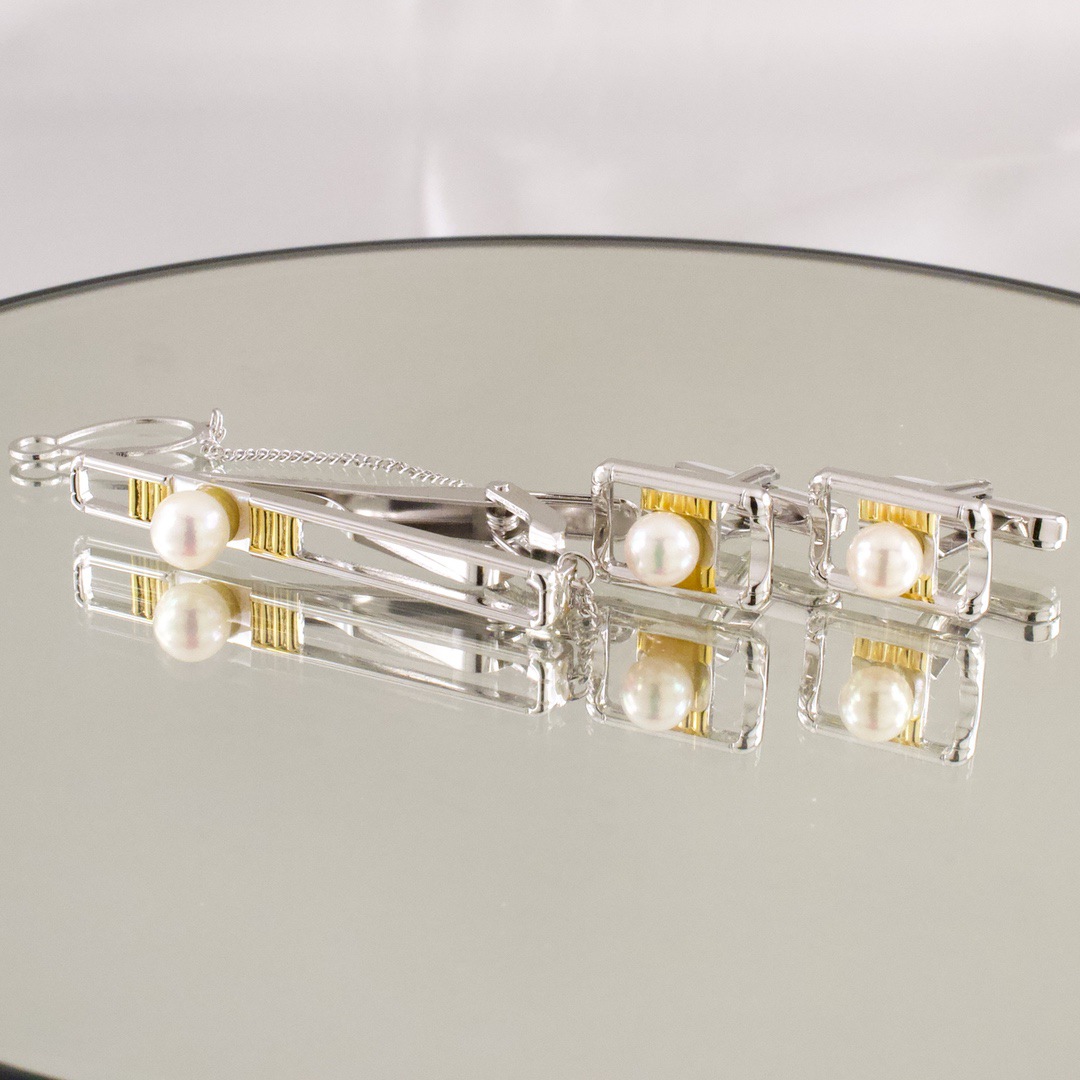 本真珠と銀 カフスボタンとネクタイピンの3点セット 「SILVER 850」刻印あり 未使用品 - 画像 (5)