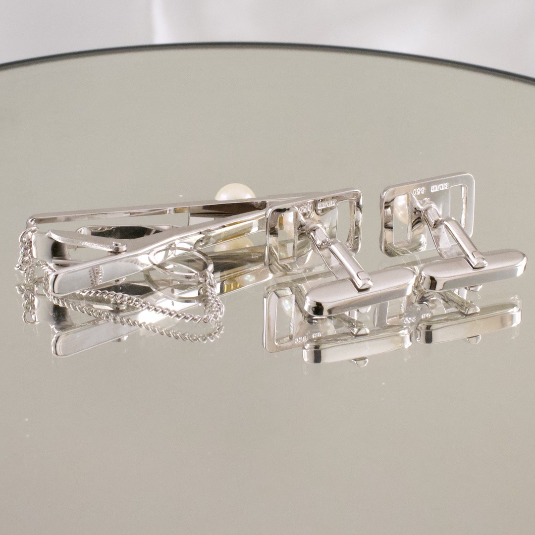 本真珠と銀 カフスボタンとネクタイピンの3点セット 「SILVER 850」刻印あり 未使用品 - 画像 (7)